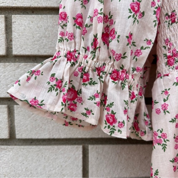 New Look Pink Floral Shirred Puff Sleeve Tie-Back Cotton Smock Mini Dress 14 - Picture 7 of 15